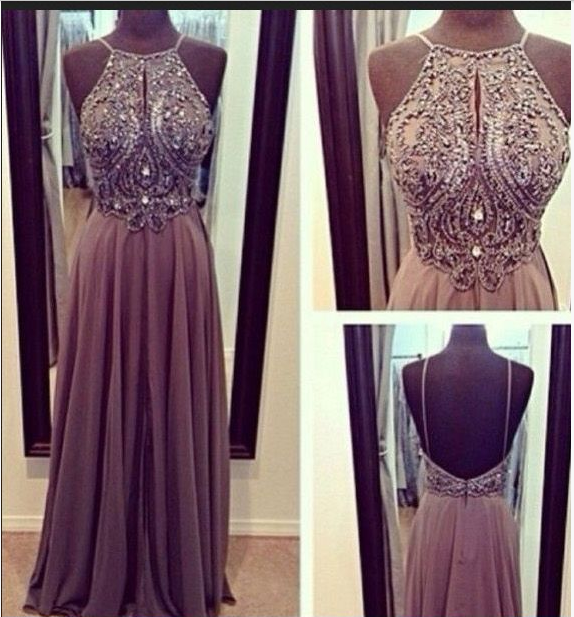 Gray Chiffon Spaghetti Straps Open Back Long Prom Dresses, A-line Floor-length Halter Backless Grey Evening Dress Gown