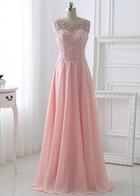 Bridal Dresses Long Chiffon Prom Dresses,pretty Pink Beading Prom Dress,a-line Evening Dresses