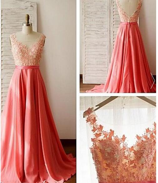 Custom Made Long Lace Prom Dresses,watermelon V-neck Evening Dresses, Chiffon Prom Dress, Prom Gowns,backless Party Prom Dresses For Teens