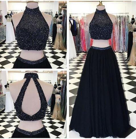 2016 Design Long Two Pieces Black Halter Prom Dresses, Prom Gowns,modest Evening Dresses,open Back Party Dresses, Charming Prom Dress