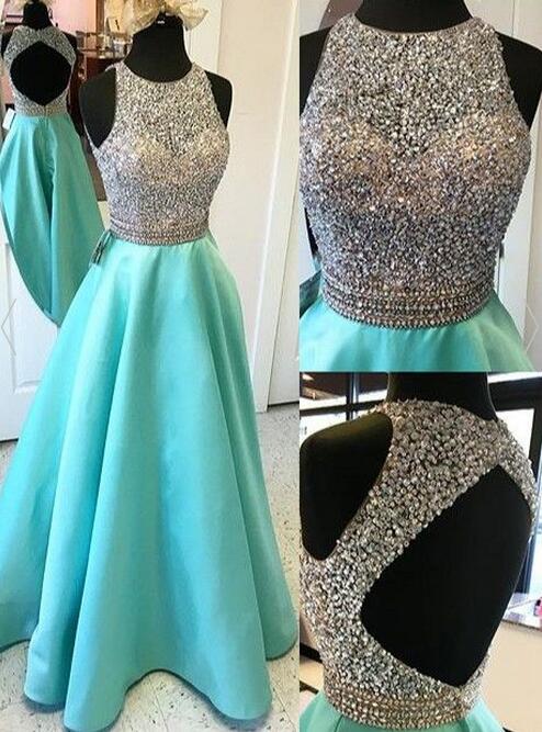 A-line Teal Prom Dressesmbeading Open Back Satin Prom Dresses,modest Evening Dresses,party Prom Dresses,pretty Prom Gowns.