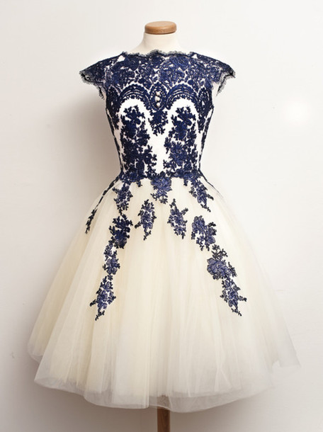 Custom Round Neck White And Nevy Blue Short Lace Prom Dresses, Short Dresses For Prom