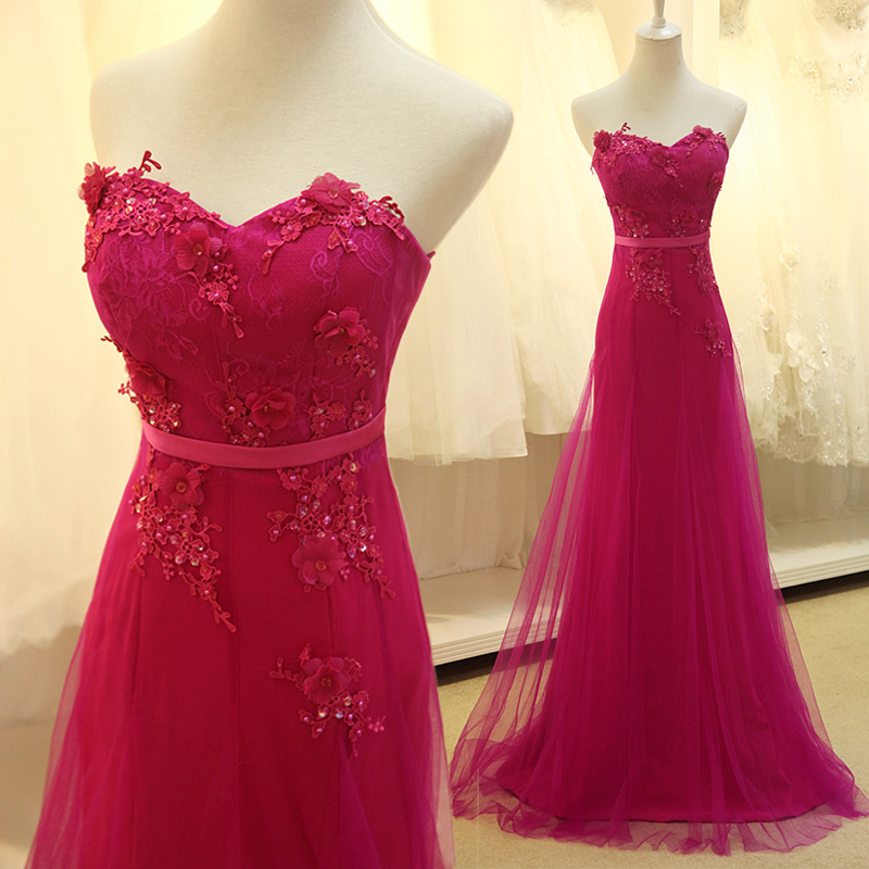 Custom Made Rose Red Tulle Long Prom Dress With Lace Applique, Delicate Formal Dresses, Evening Gowns