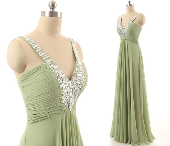 Champagne Chiffon Lace Front Bow One Shoulder Prom Dresses Bridesmaid Evening Gown Cheapv-neck Green Long Prom Dress A-line Floor Length Chiffon
