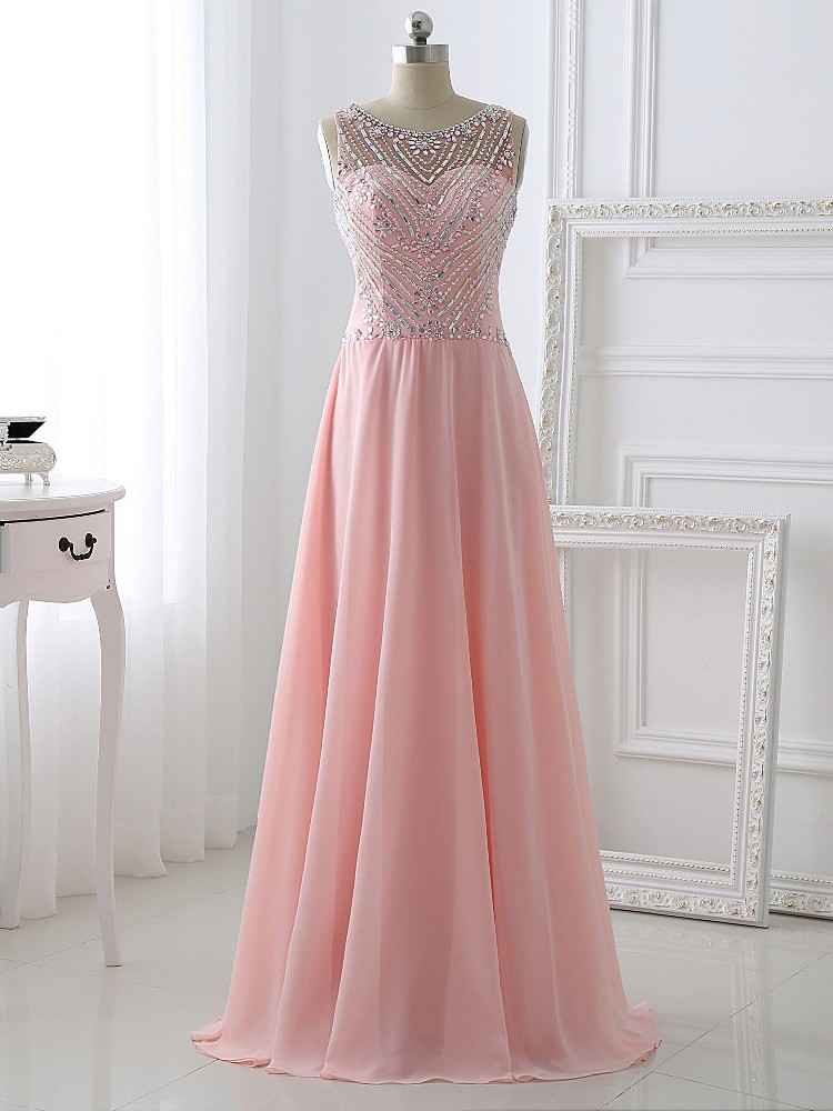 Handmade Long Chiffon Prom Dresses,pretty Pink Beading Prom Dress,a-line Evening Dresses