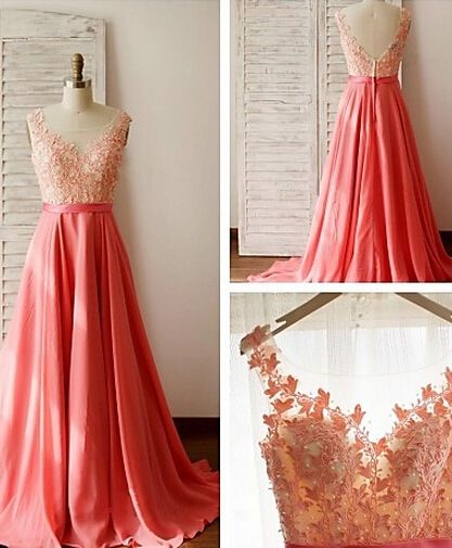 Custom Made Long Lace Prom Dresses,watermelon V-neck Evening Dresses, Chiffon Prom Dress, Prom Gowns,backless Party Prom Dresses For Teens