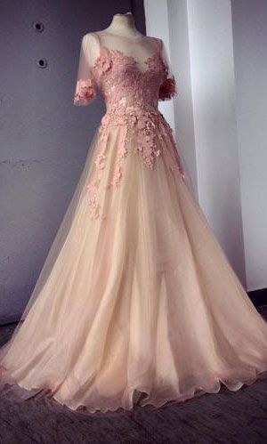 2015 Appliques And Tulle Prom Dresses, Floor-length Prom Dresses, Sexy Prom Dresses, Half Sleeve Prom Dresses, Charming Evening Dresses,
