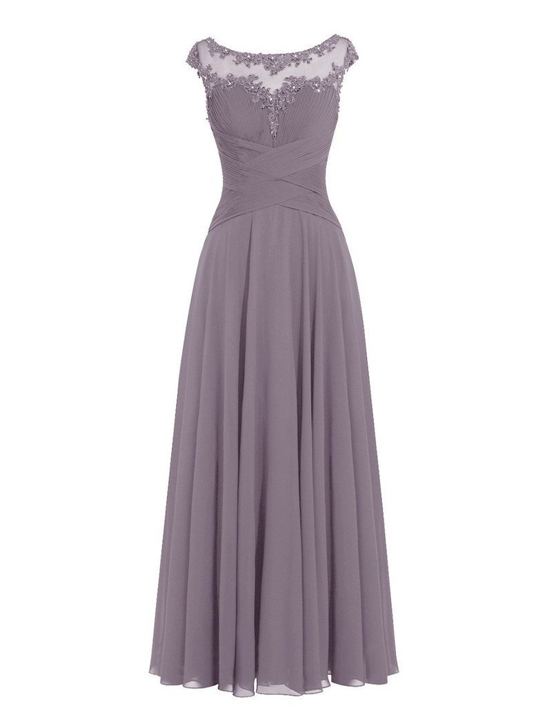 Long Chiffon Evening Dress Featuring Floral Lace Appliqué Bodice With Scoop Neckline, And Dainty Cap Sleeves