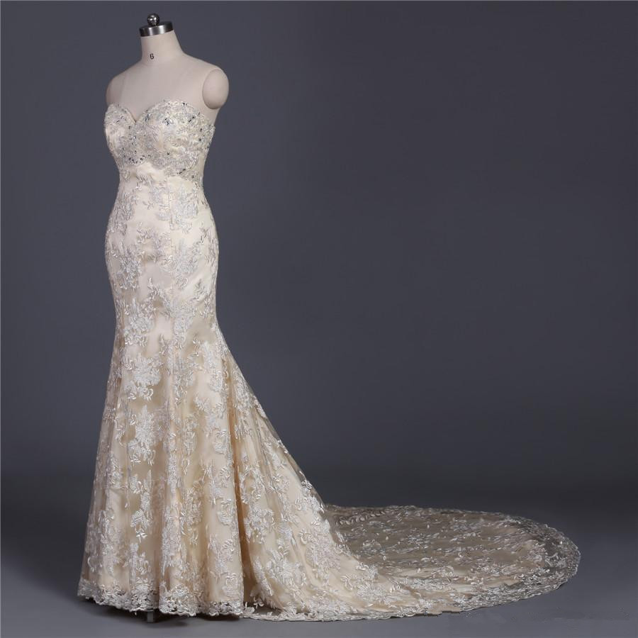 Luxury Crystal Beading Mermaid Wedding Gowns 2015 Winter Style Sexy Sweetheart Lace Wedding Dresses Champagne Dress