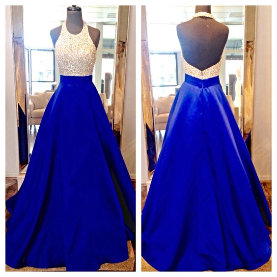 Royal Blue Halter Backless A Line Floor Length Satin Evening Party Dresses Backless Sequins Satin Prom Dresses Formal Gowns ,charming Prom