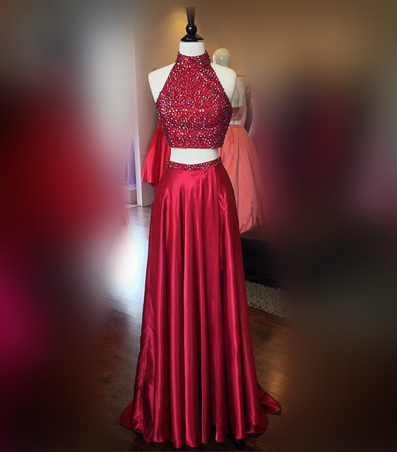 Prom Dress,modest Prom Dress,halter Prom Dresses,burgundy Prom Dresses,long Prom Gowns 2017,two Piece Prom Dresses