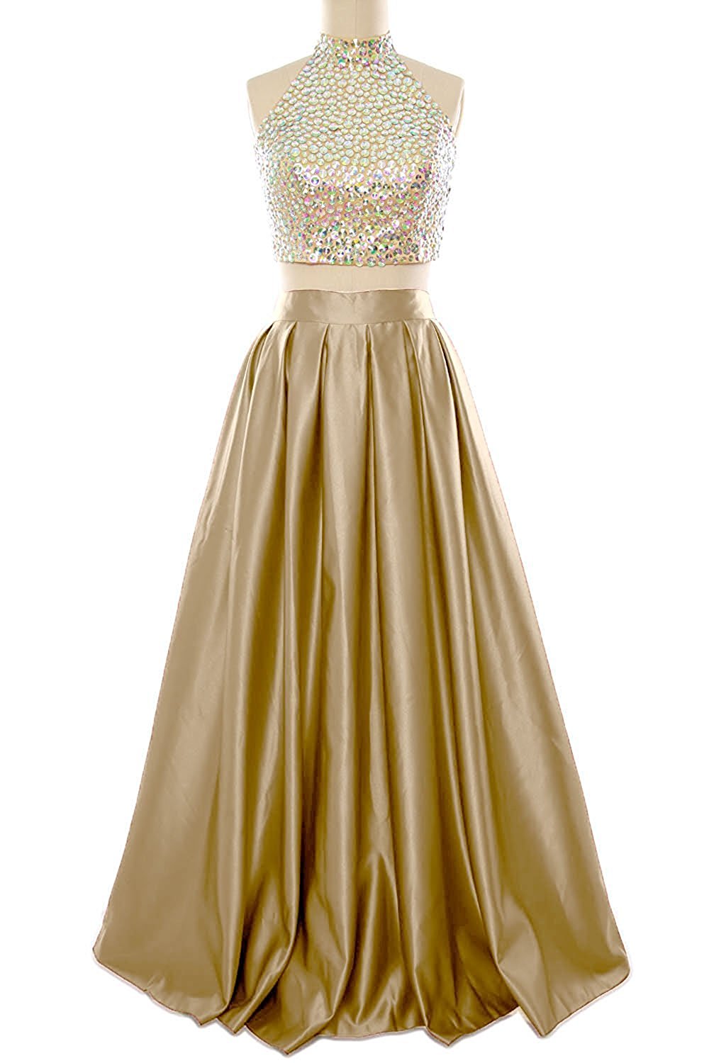 High Neck Prom Dress, Beaded Gold Color Prom Dress, Two Piece Prom Dress