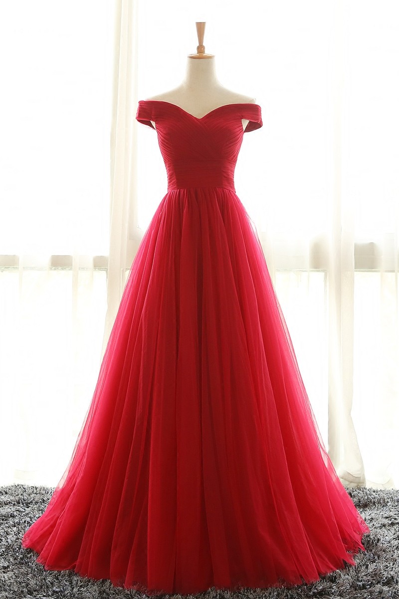 Woman Evening Dress, Long Formal Dresses, Prom Dress Full Length Off Shoulder Sleeves Red Bridesmaid Dresses, Tulle Prom Dress, Long Prom Dress