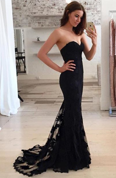 black strapless mermaid prom dress