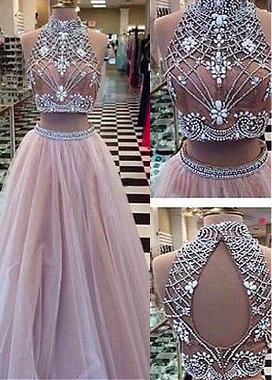 Stunning Prom Dresss Tulle High Collar Neckline A-line Two-piece Prom Dresses With Beadings