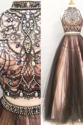 Two Pieces A Line Prom Dresses, Beaded Prom Dress, 2017 Tulle Prom Dress, Dresses For Prom, Long Prom Dres