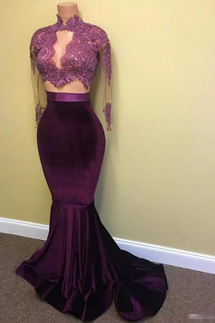 2017 New Velvet Prom Dresses Mermaid Lace Appliques Beaded Sheer Long Sleeves Sweep Train Evening Party Gowns Arabic Celebrity