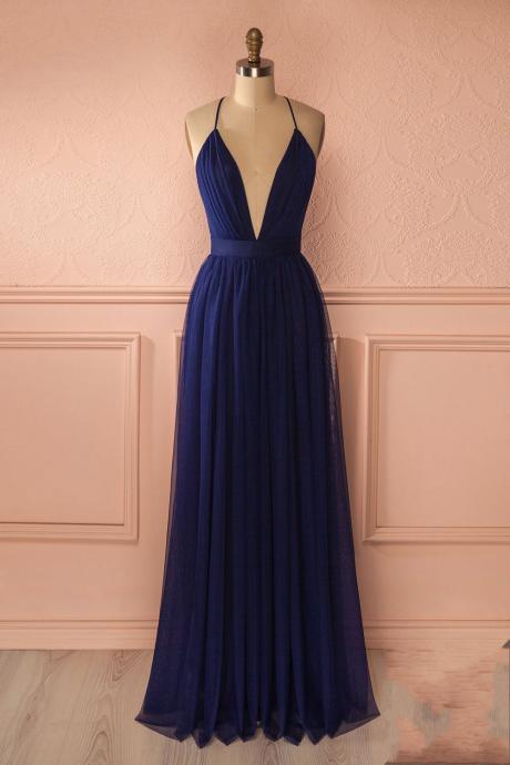 Simple Sexy A-line Deep V-neck Navy Blue Long Prom Dress
