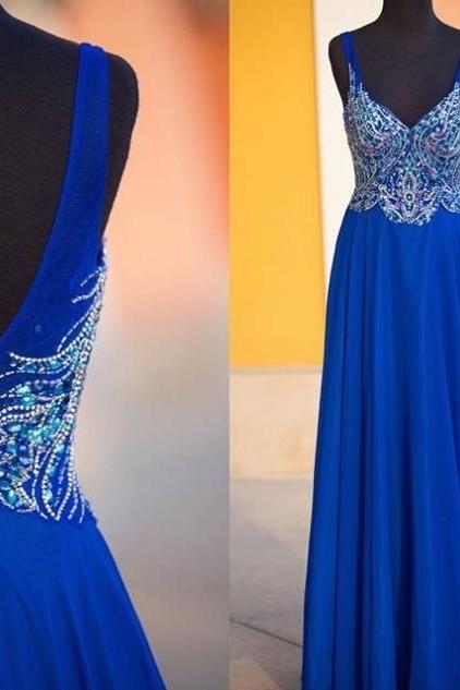 Blue Beading Straps Chiffon Prom Dresses 2017 #SKU:100370
