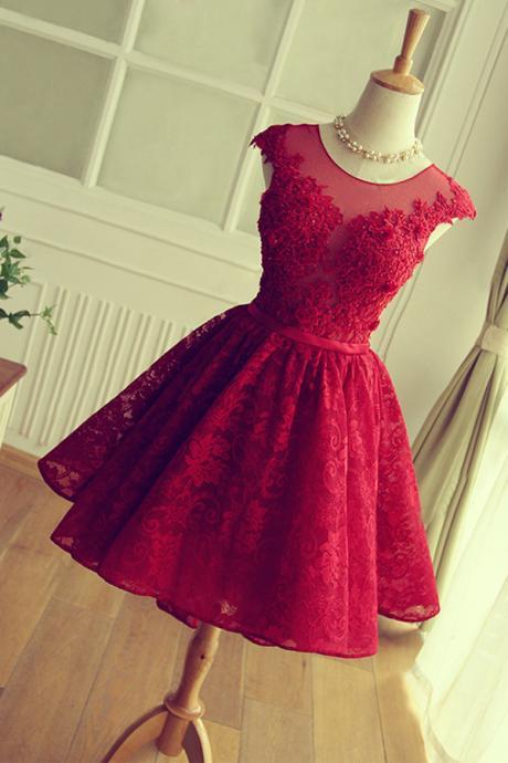A-line Short Red Lace Homecoming Dress