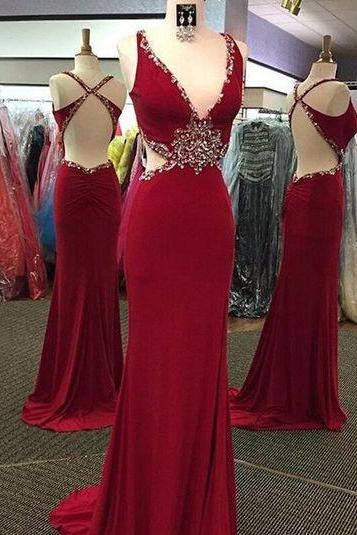 Red Prom Dresses,backless Prom Dress,long Prom Dress,sexy Prom Dress,charming Beaded Evening Dress