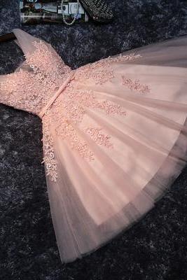 Princess Lace Appliqued Tulle Homecoming Dress,blush Pink Short Bridesmaid Dresses,short Prom Dress