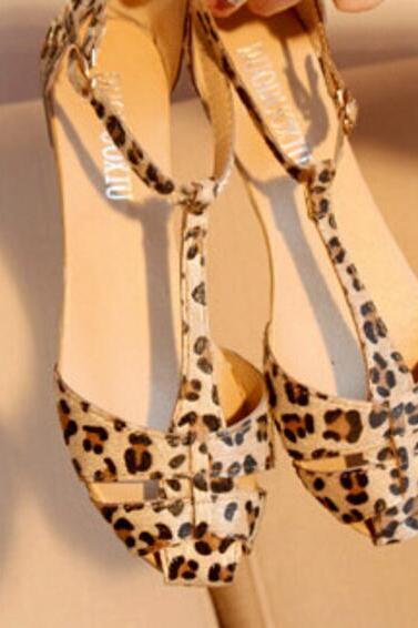 Leopard Print T-Strap Sandal Flats 