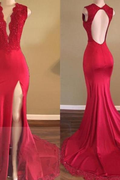 Appliques Red Satin Prom Dresses 2017 Sexy Party Dresses Long Open Back Party Dresses Women Evening DressesMermaid Formal Gowns High Slit
