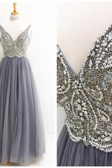 Luxurious A-line Beads V Neck Grey Long Prom Dress Evening Dress