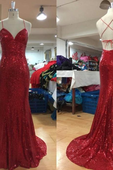 Spaghetti Straps Evening Dress,red Sequins Prom Dress,mermaid Prom Dresses,backless Prom Gown For Party,