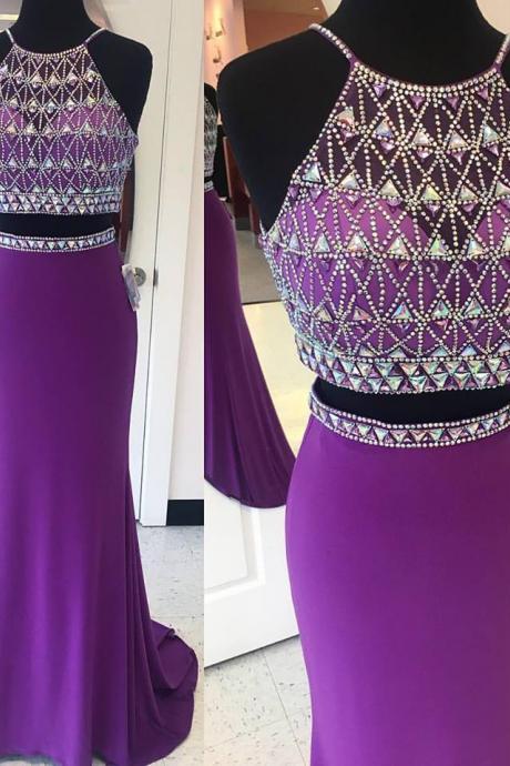 Halter Beaded Sparkly 2 Pieces Prom Dresses,purple Jersey Mermaid Prom Gowns,shinny Formal Dresses