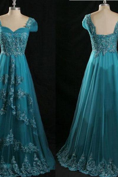 Long Prom Dress, Lace Prom Dress, Blue Prom Dress, Vintage Bridesmaid Dress, 50s' Prom Dress, Short Sleeve Prom Dress, Ball Gown