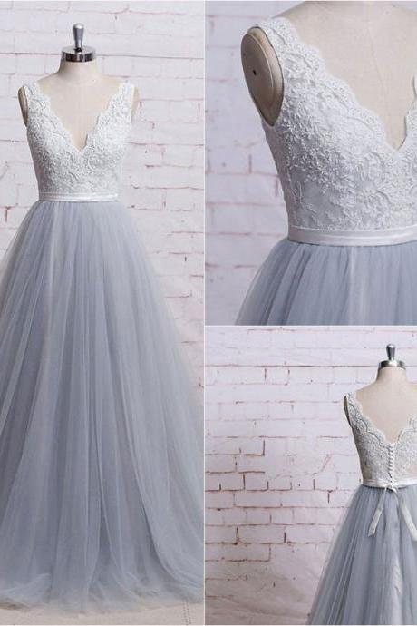 A-line V-neck Floor-length Sleeveless Tulle Prom Dress/evening Dres