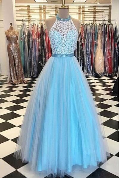 Sky Bule Tull Lace Ball Gowns Prom Dresses