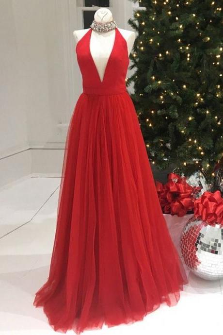 Custom Made Red Crystal Embellished Choker Neckline Tulle Floor Length A-Line Bridesmaid Dress, Prom Dress