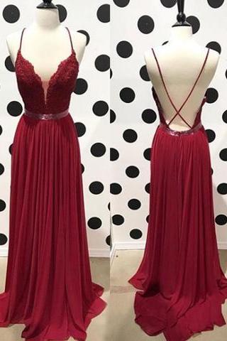 Burgundy Lace Backless Long Prom Dress, Lace Evening Dress