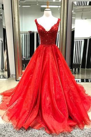 Red V Neck Lace Long Prom Dress, Red Evening Dress