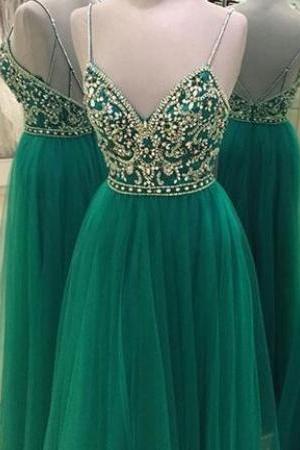 Green Beading Backless A-line Spaghetti Straps - Evening Dress