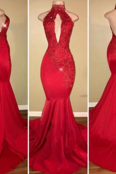 Sexy Halter Mermaid 2018 Prom Dress Long With Lace Appliques 