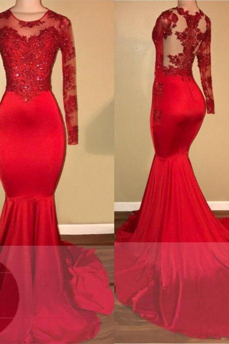 Red lace mermaid prom dress, long sleeve evening gowns 