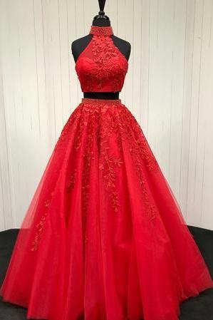 Charming Two Piece Prom Dress, Sexy Beaded Appliques Prom Dresses, Long Evening Dress