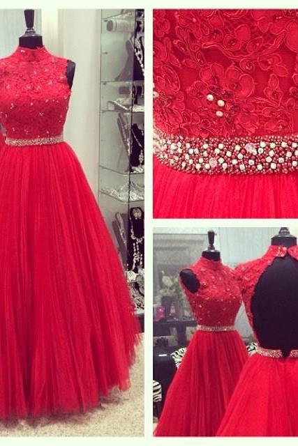 Red High Neck Lace Beading Prom Dress, Tulle Prom Dresses