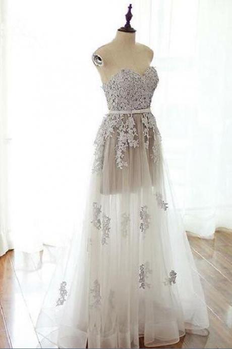 Stylish A Line Strapless Lace Up Long Grey Tulle Prom Party Dress With Appliques,2018 Prom Dress, Long Prom Dress