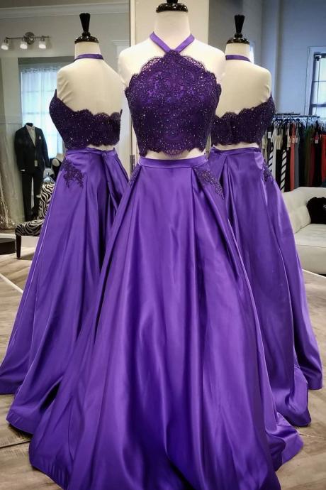 Gorgeous Two Piece Halter Purple Long Prom Dress
