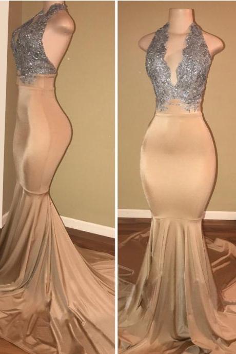 Elegant V-Neck Sleeveless 2018 Prom Dress Long Mermaid With Sequins