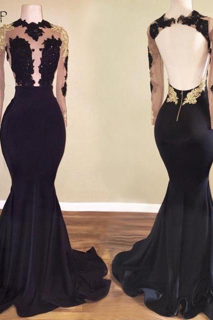 Long Prom Dresses 2018 Mermaid Long Sleeve Sheer Top Lace African Backless Floor Length Black Satin Prom Dress