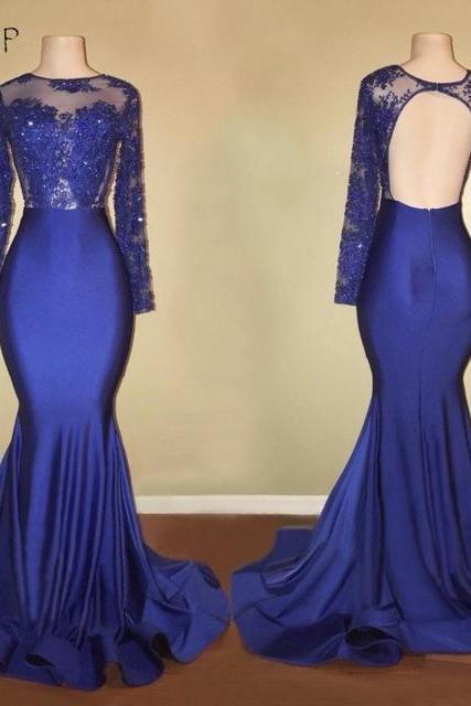 Long Prom Dresses 2018 Gorgeous Sheer Scalloped Long Sleeve Top Lace Backless African Royal Blue Mermaid Prom Dress