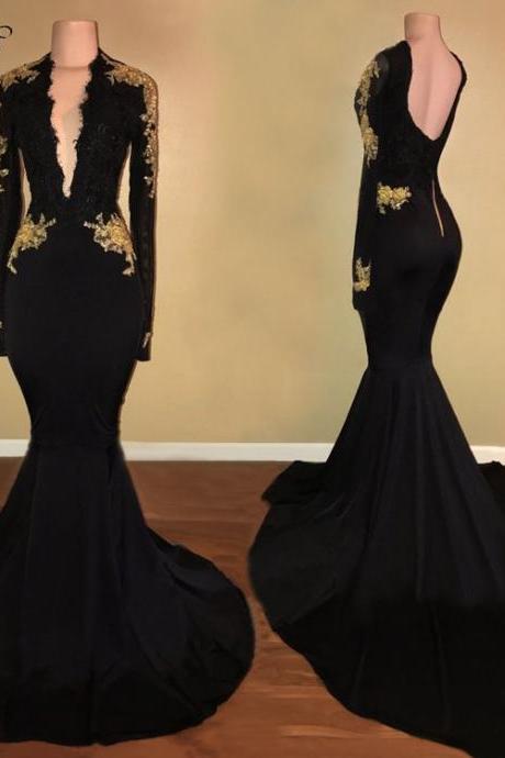 Long Sexy Prom Dresses 2018 Mermaid V-neck Long Sleeve Applique Backless African Black Prom Dress