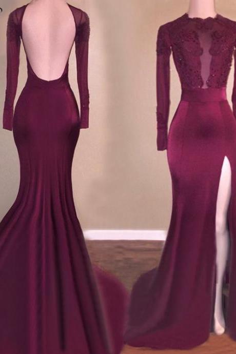 Long Prom Dresses 2018 Mermaid Long Sleeve Sexy High Slit Open Back African Purple Prom Dress