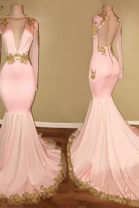 Long Sleeve Prom Dresses 2018 Gorgeous Mermaid Style Sexy V-neck African Backless Gold Lace Pink Prom Dress Girl